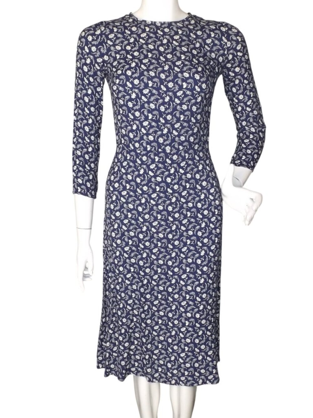 REFORMATION Dress, 2, Midi, Blue/White floral, A-line, 3/4 sleeve, Keyhole back
